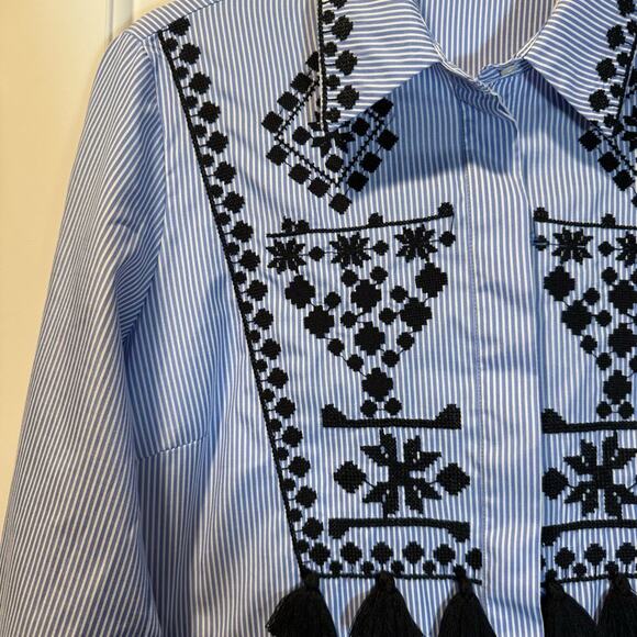 Zara top blue and white stripe with black embroidery size Small - Picture 2 of 6